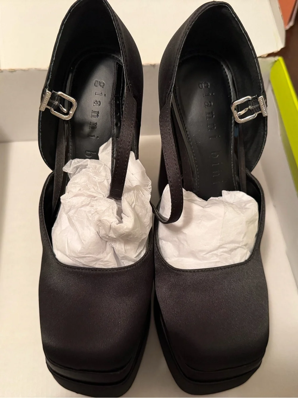 Gianni Bini Black Satin Square Toe Platform Mary Jane Heels